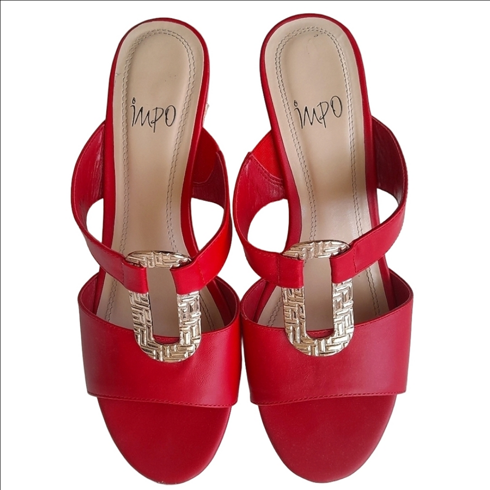 IMPO Red Wedge Slides GOLD Buckle Detail Sz 7 EUC